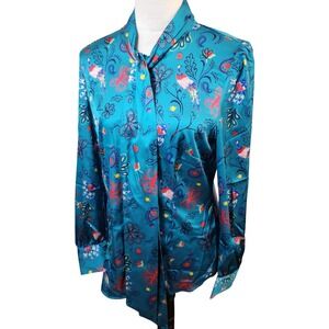 Hawes & Curtis Teal Peacock Print Button Down Shirt Womens UK 14 EU US 10 NWT